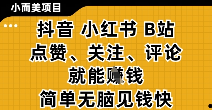 小而美的项目,抖音小红书B站视频点赞、关注、评论就能挣钱,简单无脑立见收益,妥妥的零撸项目【揭秘】网赚项目-三才资源库分享