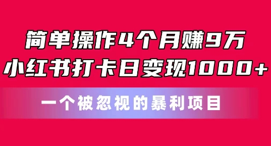 简单操作4个月赚9w，小红书打卡日变现1k，一个被忽视的暴力项目网赚项目-三才资源库分享