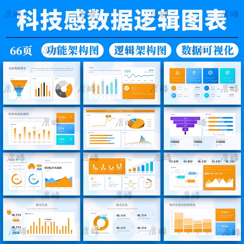 2款，高级科技感简约蓝色商务数据分析可视化功能逻辑架构图表ppt模板-三才资源库分享