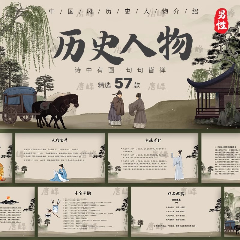 57款，简约中国男性历史人物复古风插画介绍简介教育说课件动态ppt模板-三才资源库分享