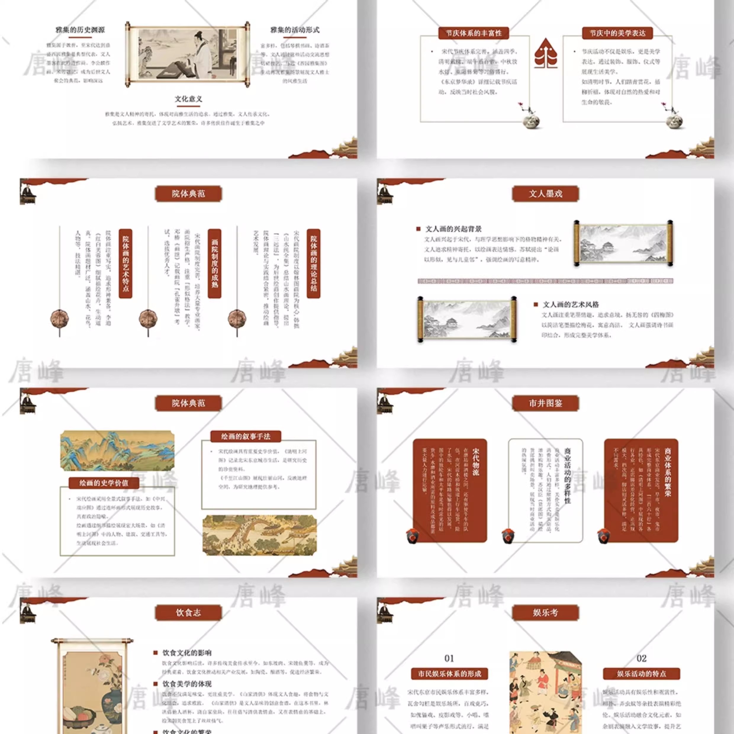 12套，简约高级感中国古风禅意宋式美学茶叶汉宫春晓仕女图通用ppt模板-三才资源库分享
