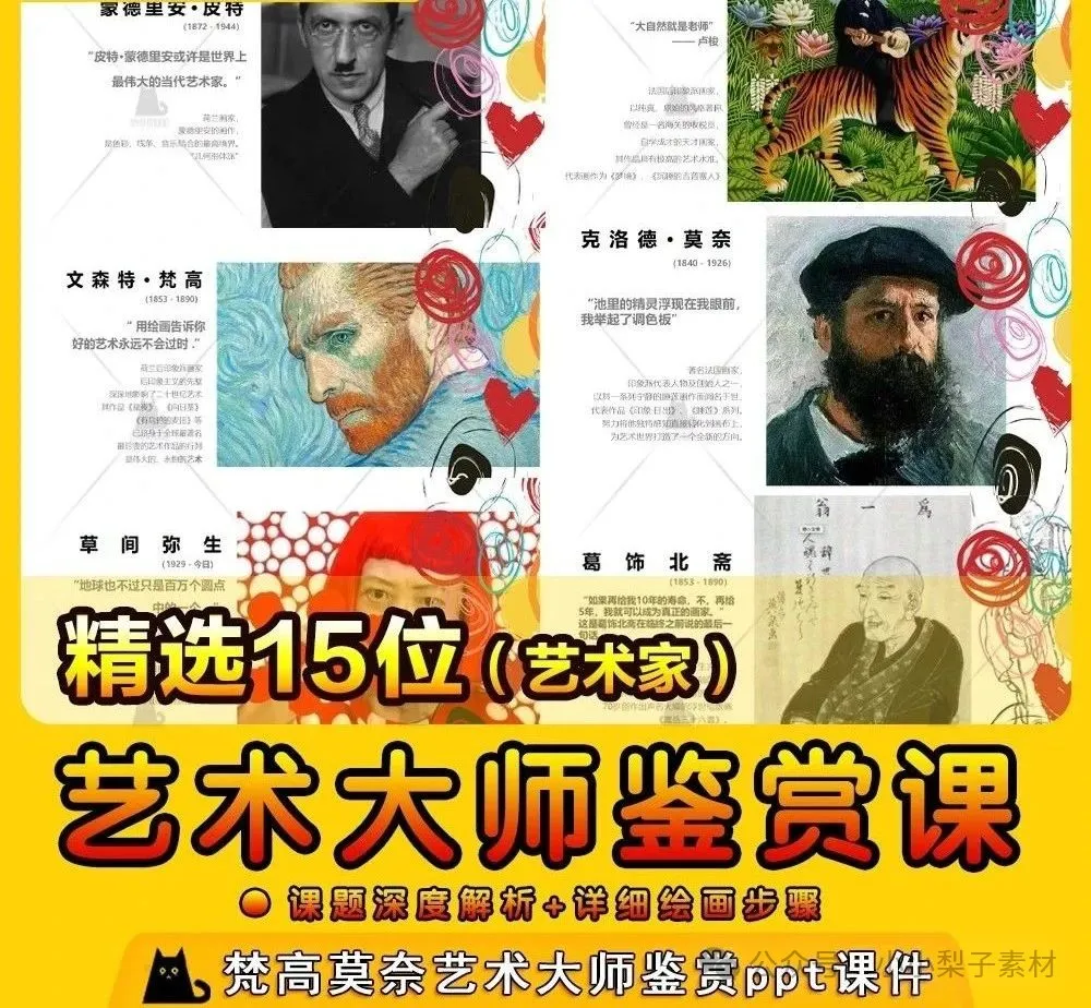 梵高莫奈毕加索蒙德里安 艺术大师鉴赏ppt课件儿童画室兴趣班素材-三才资源库分享