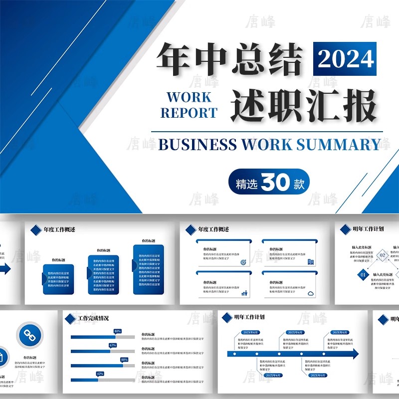 30款，简约蓝色商务风企业个人季度年中工作总结计划述职汇报ppt模板-三才资源库分享