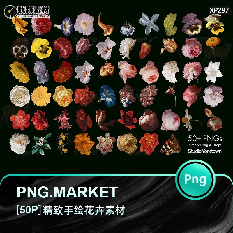 欧式优雅精致复古风格油画质感色彩手绘花卉植物树叶插画PNG素材-三才资源库分享