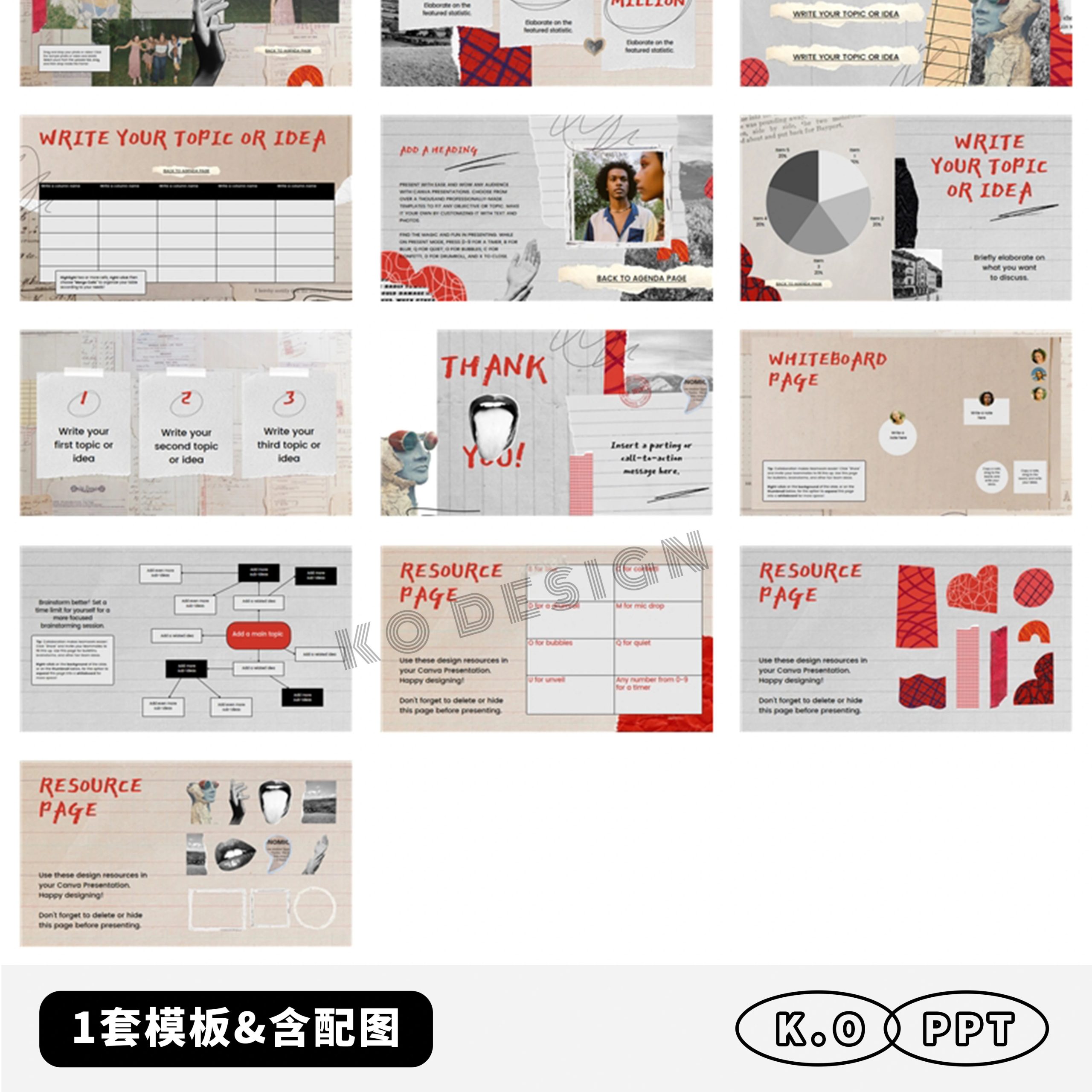 美式复古风拼贴怀旧做旧贴纸手账创意个性小众时尚潮流PPT模板-三才资源库分享