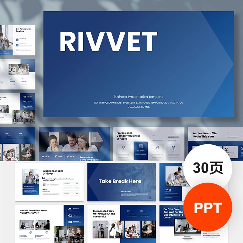 30页，高级感蓝色商务企业公司简介项目管理提案策划PPT模板-三才资源库分享